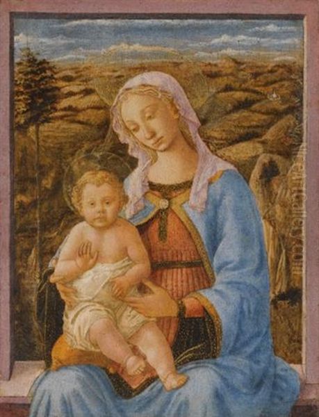 The Madonna And Child Seated On A Window Ledge, A Landscape Beyond Oil Painting by Pesellino
