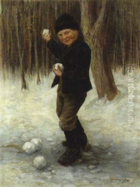 Die Schneeballschlacht Oil Painting by Geza Peske