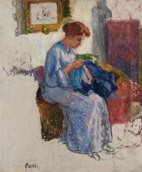 Jeune Femme Cousant Oil Painting by Jean Misceslas Peske