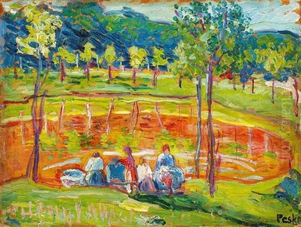 Le Mans La Mare Rouge - Les Lavandieres Oil Painting by Jean Misceslas Peske