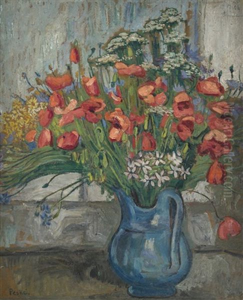 Poppies In A Blue Jug Oil Painting by Jean Misceslas Peske