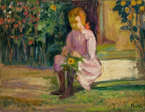 Young Girl With Flowers Oil Painting by Jean Misceslas Peske