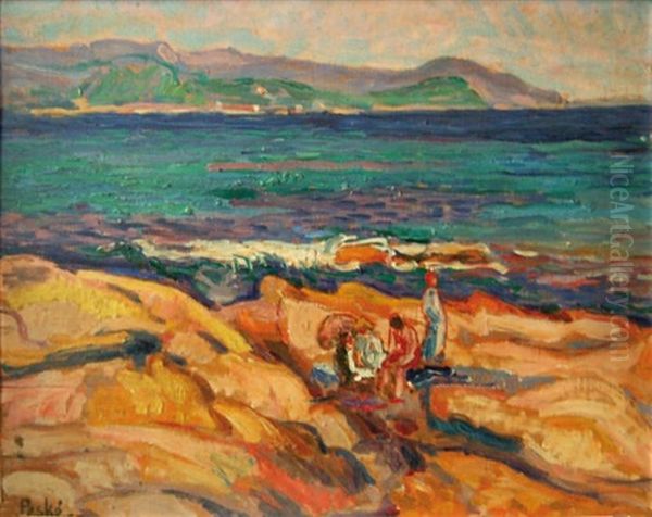 Baigneurs Sur Les Rochers En Bord De Mer Oil Painting by Jean Misceslas Peske