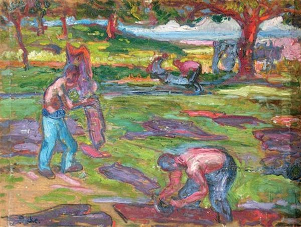 Les Bucherons (+ Paysage; Verso) Oil Painting by Jean Misceslas Peske