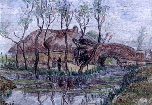 Paysage Au Pont Oil Painting by Jean Misceslas Peske