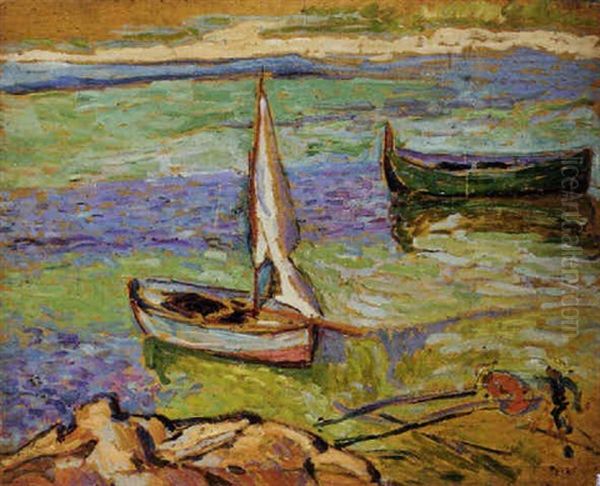 Voilier Et Enfant Sur La Plage Oil Painting by Jean Misceslas Peske