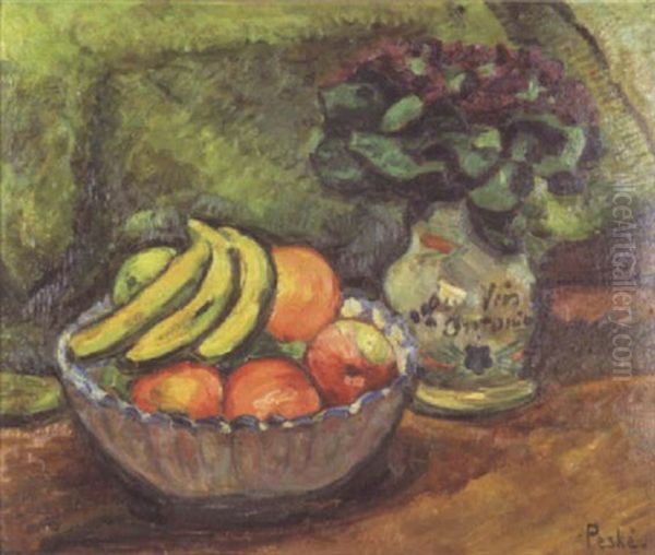 Compotier De Fruits Et Pichet Fleuri Marquee Au Vin D'antonin Oil Painting by Jean Misceslas Peske