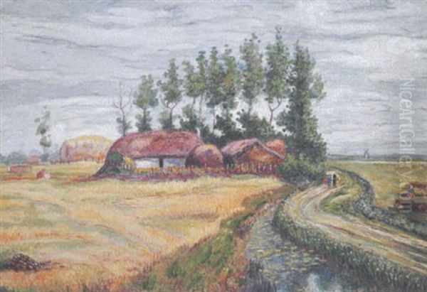 Paysage Aux Chaumieres Et Au Ruisseau Oil Painting by Jean Misceslas Peske