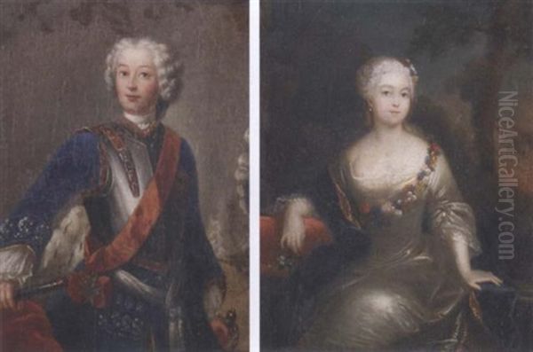 Portrait Of Frederick Ii The Great, King Of Prussia, In A Blue Coat With A Breastplate, Holding A Baton In His Right Hand, A Battlefield Beyond Oil Painting by Antoine Pesne