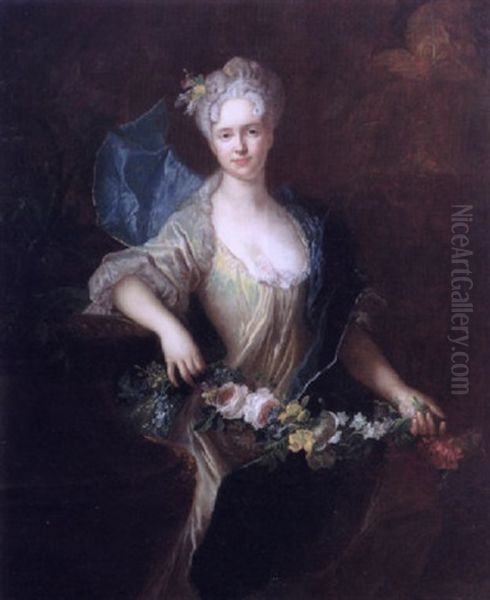 Portrait Of A Young Lady Wearing A Green Silk Dress And Blue Stole, Holding A Garland Of Flowers Beside A Fountain Oil Painting by Antoine Pesne