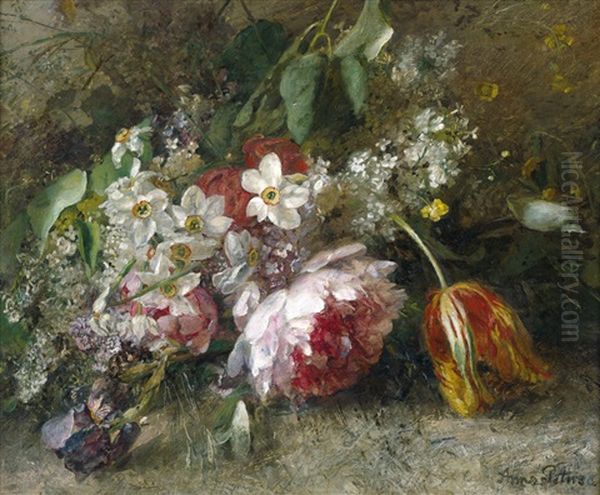 Blumenstilleben Mit Pfingstrosen Und Weisem Fli Oil Painting by Anna Peters