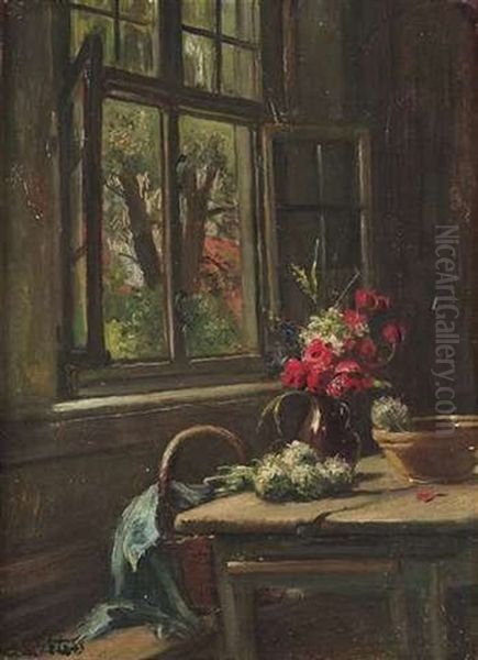 Kucheninterieur Mit Einem Alten Bauerntisch, Auf Dem Ein Straus Wiesenblumen Steht Oil Painting by Anna Peters