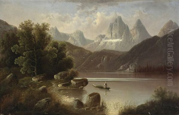 Summer On An Alpine Lake Oil Painting by August Peters