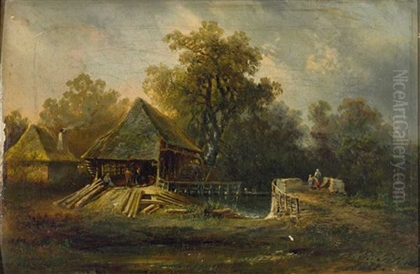 Sommerlandschaft Mit Sagewerk, Bachlauf Und Brucke Oil Painting by Pietronella Peters
