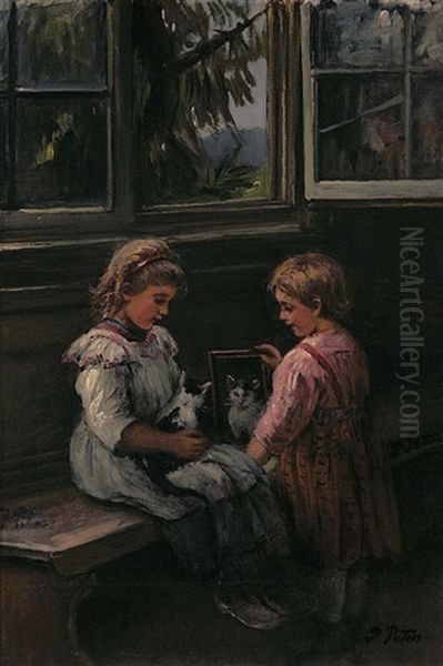 Zwei Kleine Madchen Zeigen Einem Katzchen Sein Spiegelbild Oil Painting by Pietronella Peters