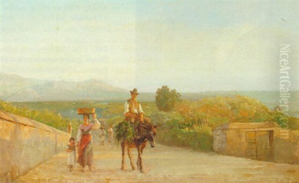 Henad Solnedgang - Landfolk Fra Palestrina Vender Hjem Fra Vigerne Oil Painting by Edvard Frederik Petersen