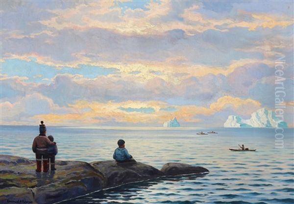Solnedgang, Diskobugten (sunset At Disko Bay) Oil Painting by Emanuel A. Petersen