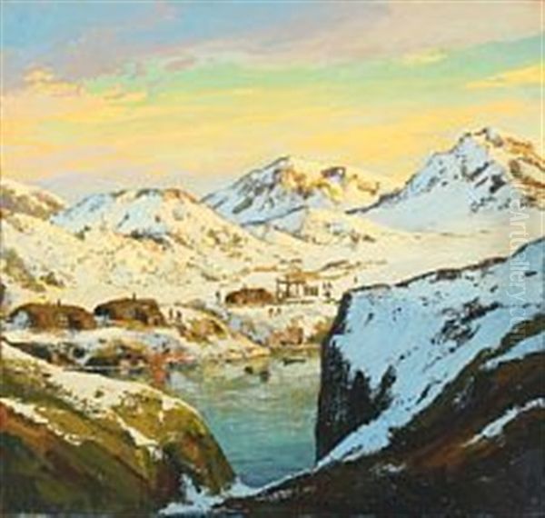 Scenery With Houses And People In A Small Greenlandic Village Oil Painting by Emanuel A. Petersen