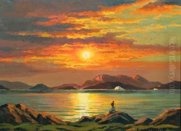 Midnight Sun At Oqaatsut/rodebay Oil Painting by Emanuel A. Petersen