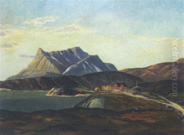Gronlandsk Kystparti Med Bygninger Oil Painting by Emanuel A. Petersen
