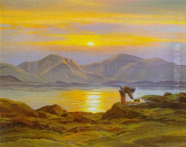 Gronlandsk Klippekyst Med Fanger Ved Et Bal Oil Painting by Emanuel A. Petersen