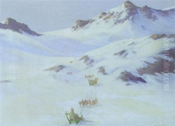 Snedaekket Landskab Med Hundeslaeder Oil Painting by Emanuel A. Petersen
