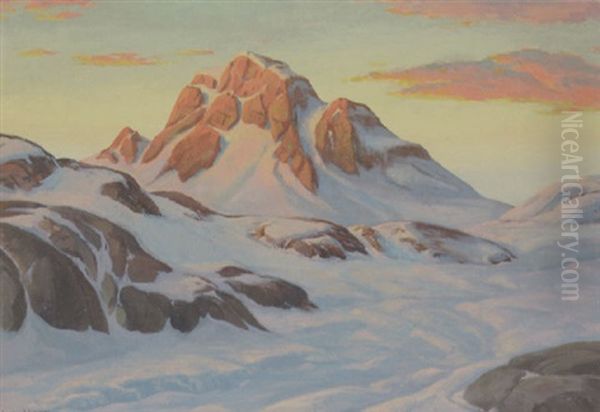 Solnedgang Over Sneklaedte Klipper Oil Painting by Emanuel A. Petersen