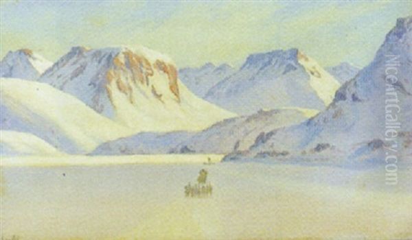 Gronlandsparti Med Hundeslaeder Blandt Fjelde Oil Painting by Emanuel A. Petersen