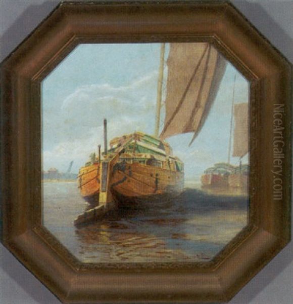 Havneparti Med Hollandske Kuff Er (husbade) Oil Painting by Hans von Petersen