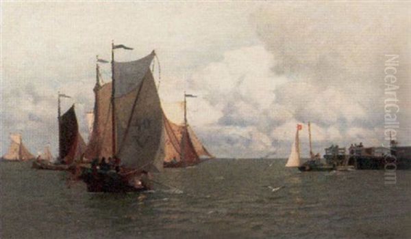 Kustensegler Vor Der Hafeneinfahrt Oil Painting by Heinrich Petersen
