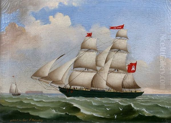 Scheepsportret Van Een Tweemaster. Met Notitie: Gefuhrt Von Capt: J. Stolzenberg Oil Painting by Heinrich And. Sophus Petersen