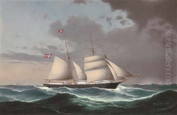 The Danish Brigantine "adolph" Under Reduced Sail And Heading Into Stormy Weather (collab. W/pieter Christian Holm) Oil Painting by Heinrich And. Sophus Petersen