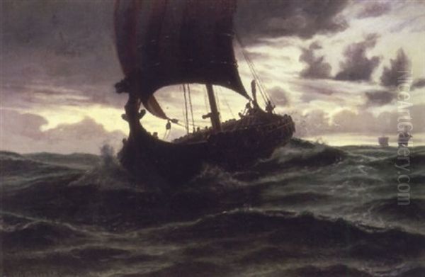 Vikingeskibe I Aftenstemning Oil Painting by Thorolf (Frederik Paludan-Mueller) Petersen