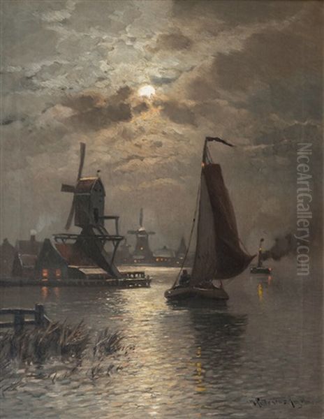 Flensburg Fjord By Night Oil Painting by Heinrich Petersen-Angeln