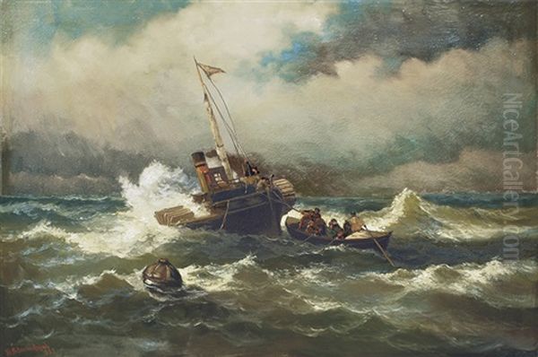 Paddle Steamer In The Stormy Sea Oil Painting by Heinrich Petersen-Angeln