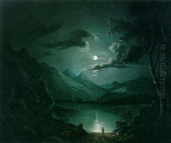 A Moonlit Lake Scene With A Figure And Dog In The Foreground Oil Painting by Henry Pether