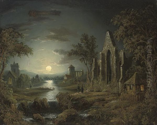 A Moonlit Wooded River Landscape With Figures And A Ruined Church In The Foreground, A Village Beyond Oil Painting by Sebastian Pether