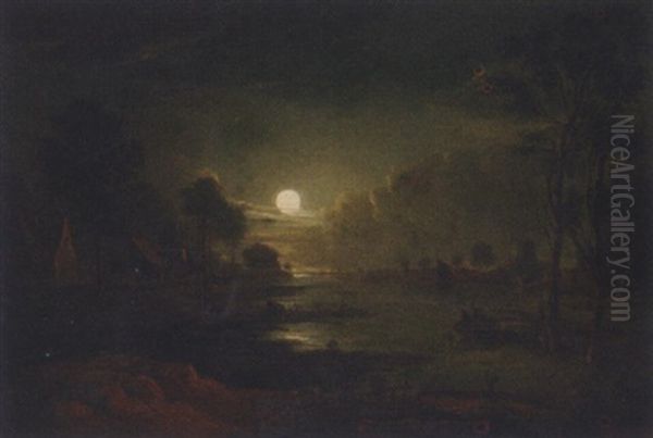 Figures In A Rowing Boat In A Moonlit River Estuary Oil Painting by Sebastian Pether