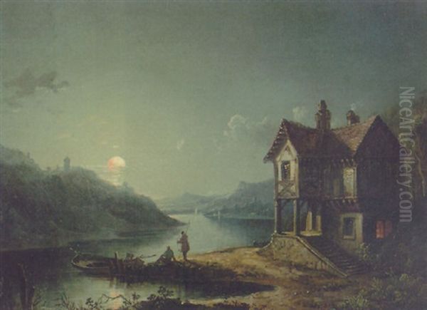 Fishermen By A Moored Boat Before A Cottage In A Moonlit Landscape Oil Painting by Sebastian Pether