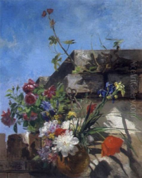 Sommerblumen An Einer Mauer Oil Painting by Eugene Petit