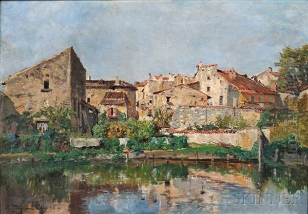Village On The Banks Of A River Oil Painting by Edmond Marie Petitjean