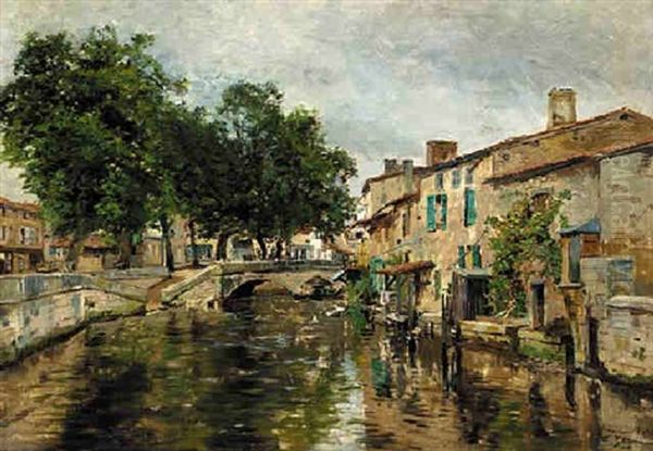 Le Canal Du Moulin A Verdun Oil Painting by Edmond Marie Petitjean
