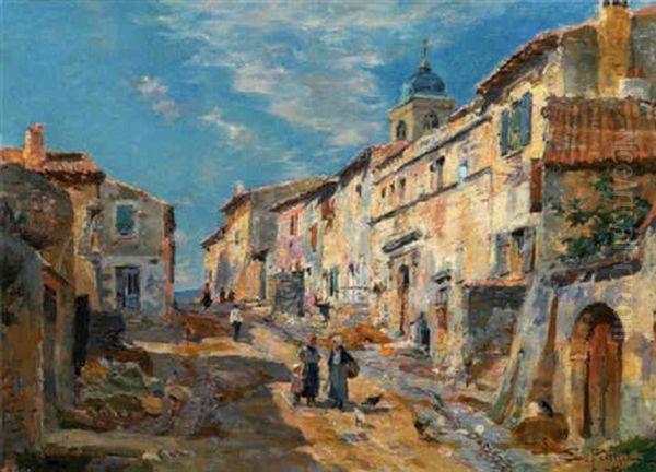 La Rue Du Village Ensoleille Oil Painting by Edmond Marie Petitjean