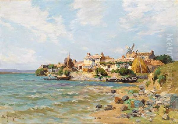 A Coastal Village, Low Tide Oil Painting by Edmond Marie Petitjean