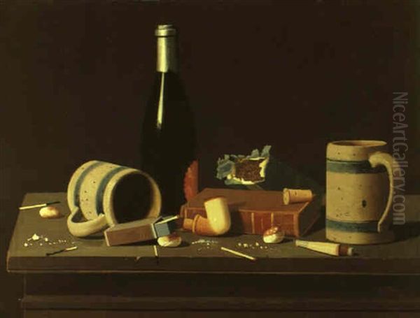 Still Life With Mugs, Bottle And Pipe Oil Painting by John Frederick Peto