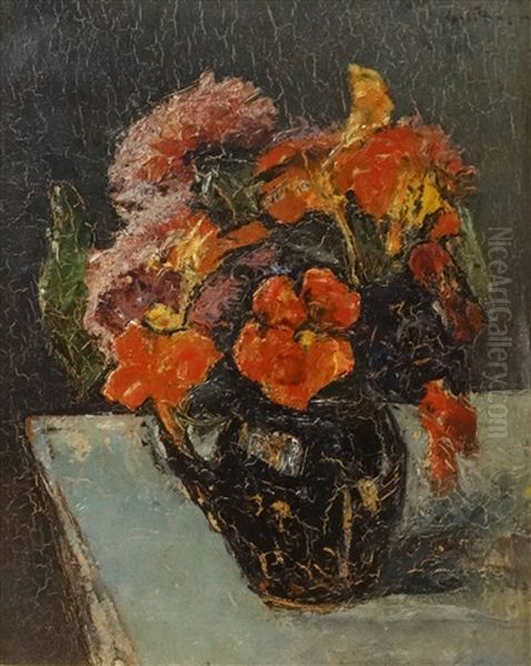 Pot With Red Flowers Oil Painting by Petrascu Gheorghe