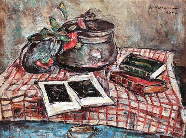 Natura Statica Cu Album De Arta, Vase, Flori Si Carti Oil Painting by Petrascu Gheorghe