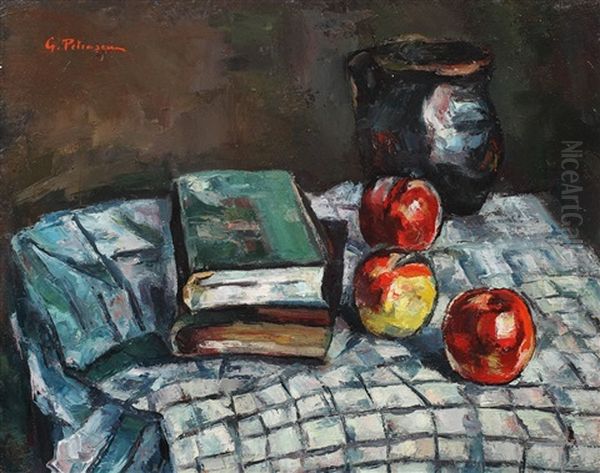 Natura Statica Cu Mere Si Carti Oil Painting by Petrascu Gheorghe