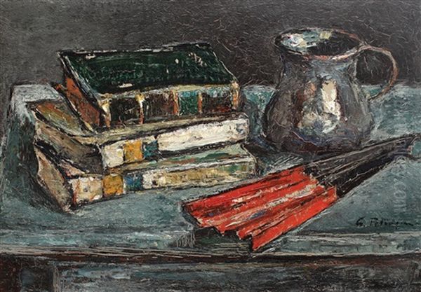 Natura Statica Cu Carti Si Evantai Rosu Oil Painting by Petrascu Gheorghe