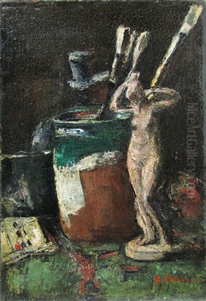 Still Life With Painting Brushes And Statuette Oil Painting by Petrascu Gheorghe